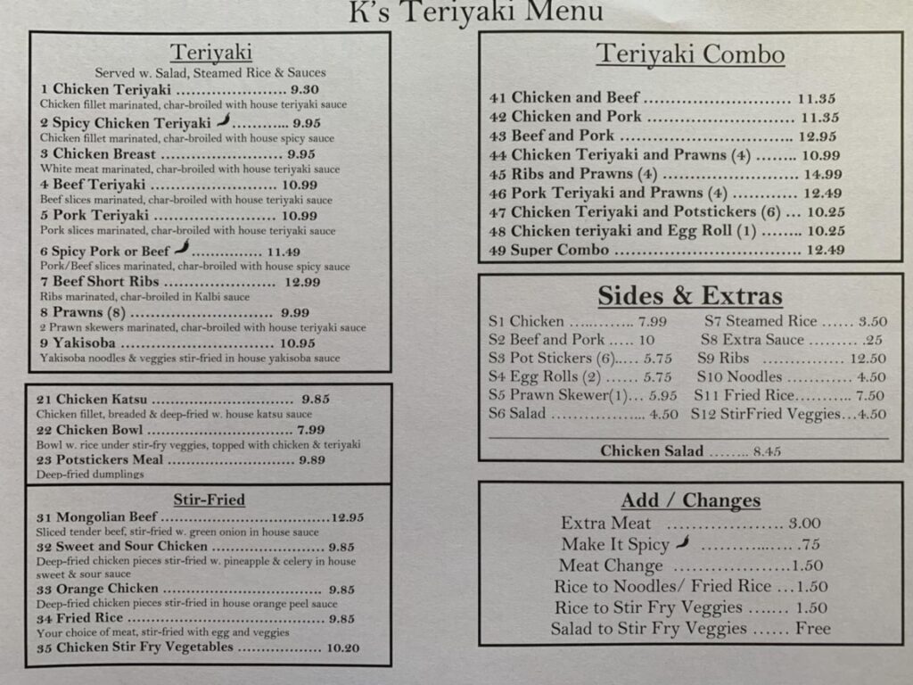 K's Teriyaki Menu 3